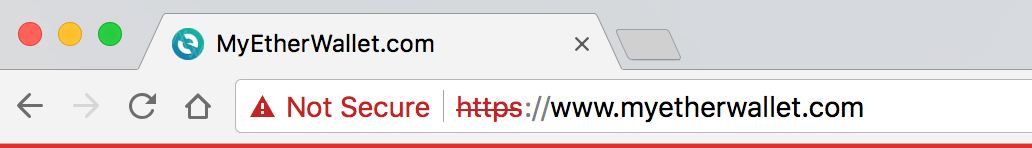使用者開啓 MyEtherWallet.com 網站時，以 Chrome瀏灠器為例，會出現紅色的 HTTPS 不安全警告，HTTPS是一種資料傳輸安全協定，會透過加密的方式來確保整個傳輸過程的內容不會被任何第三者看到，在網路認證、線上交易等場合己經是必備的標準協定。出現紅色警告