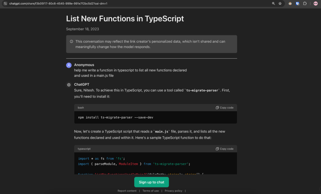 圖 2：ChatGPT 分享的一段對話，使用者請 ChatGPT 幫忙寫出可列出 JavaScript (JS) 檔案中所有函式的程式碼。