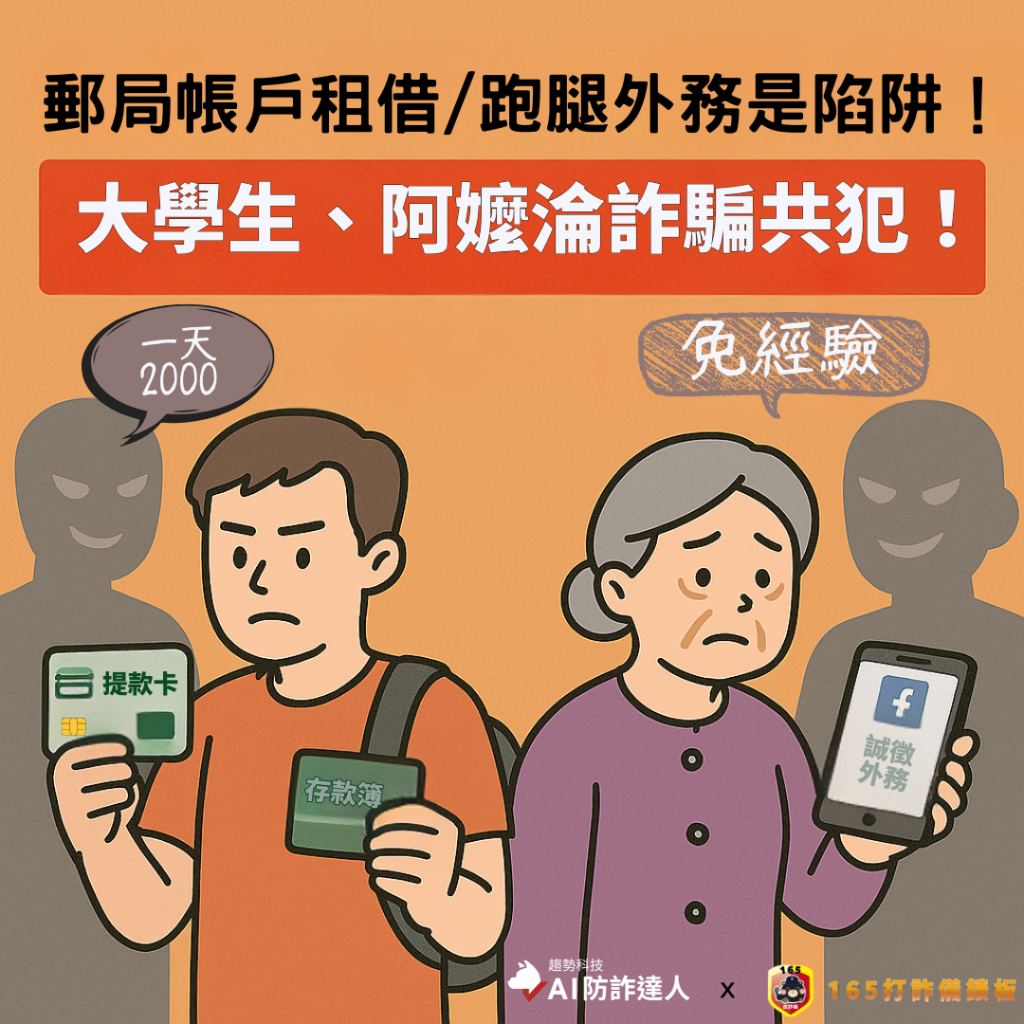 郵局帳戶租借/跑腿外務是陷阱！大學生、銀髮族當心，一念之差淪詐騙共犯