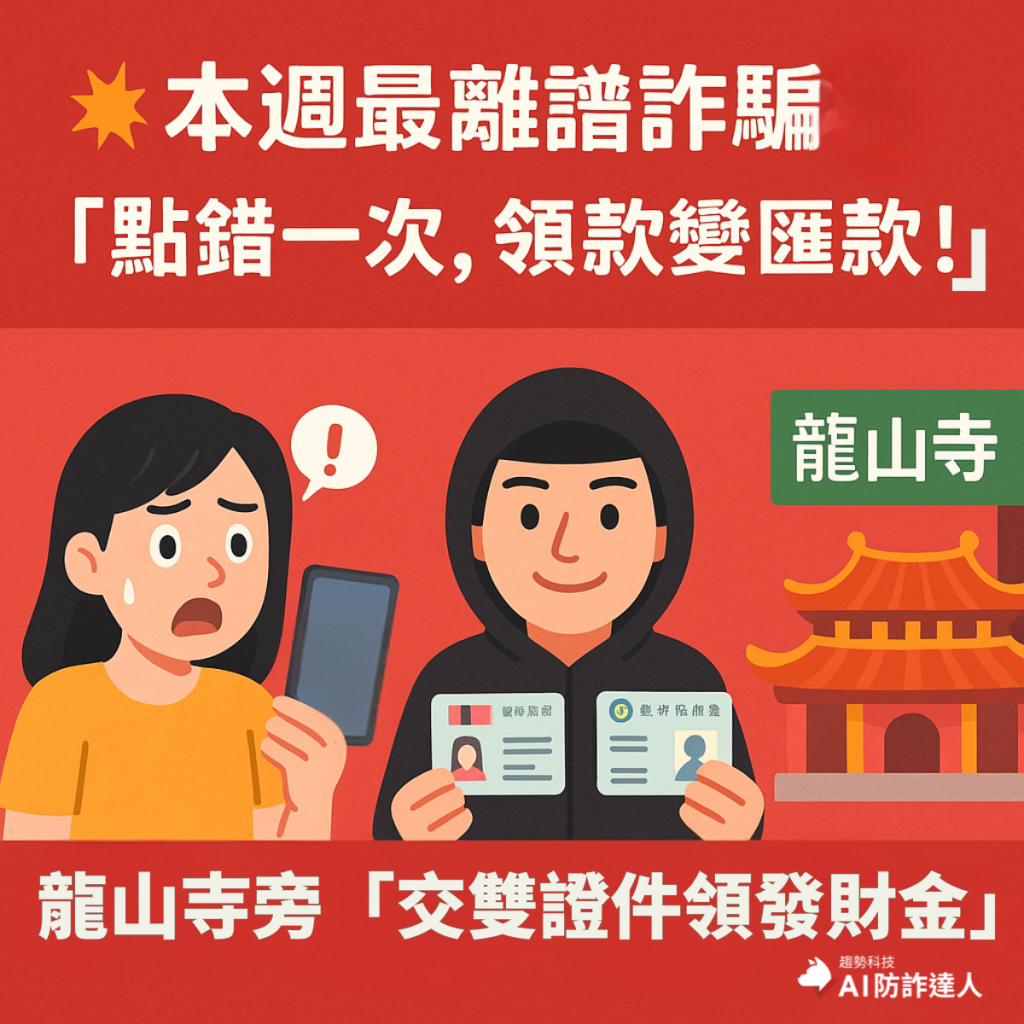 本週詐騙手法全面升級，從網路釣魚到街頭陷阱，無一不在挑戰民眾的警覺底線。
普發現金開領後，詐團立刻跟進出招——
有人假冒政府網站發送簡訊，誘人點入假連結；有人冒充客服指導「點一下就能領款」，結果一點錢就變成匯出去；還有人在龍山寺旁擺攤，號稱「給雙證件就送發財金」，實際是收集身分資料做人頭帳戶。